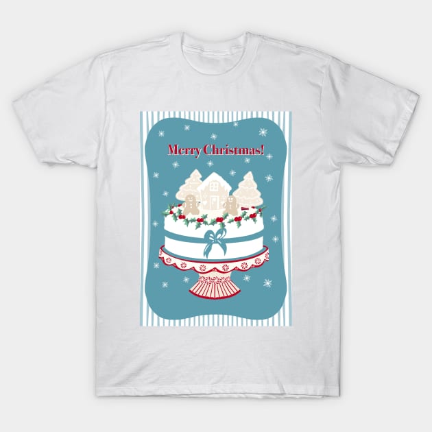 Vintage Christmas Cake with Gingerbread Decorations on a Red Cake Stand T-Shirt by NattyDesigns